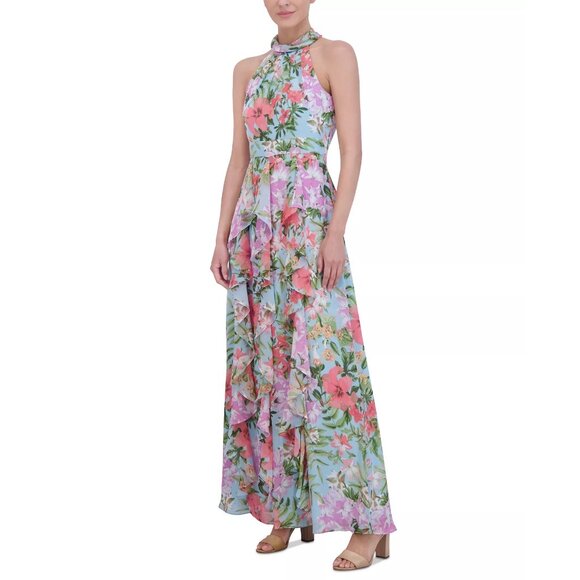 Eliza J Womens Floral Print Ruffled Halter Maxi Dress Blush Pink Size 6 NWT - Picture 2 of 5